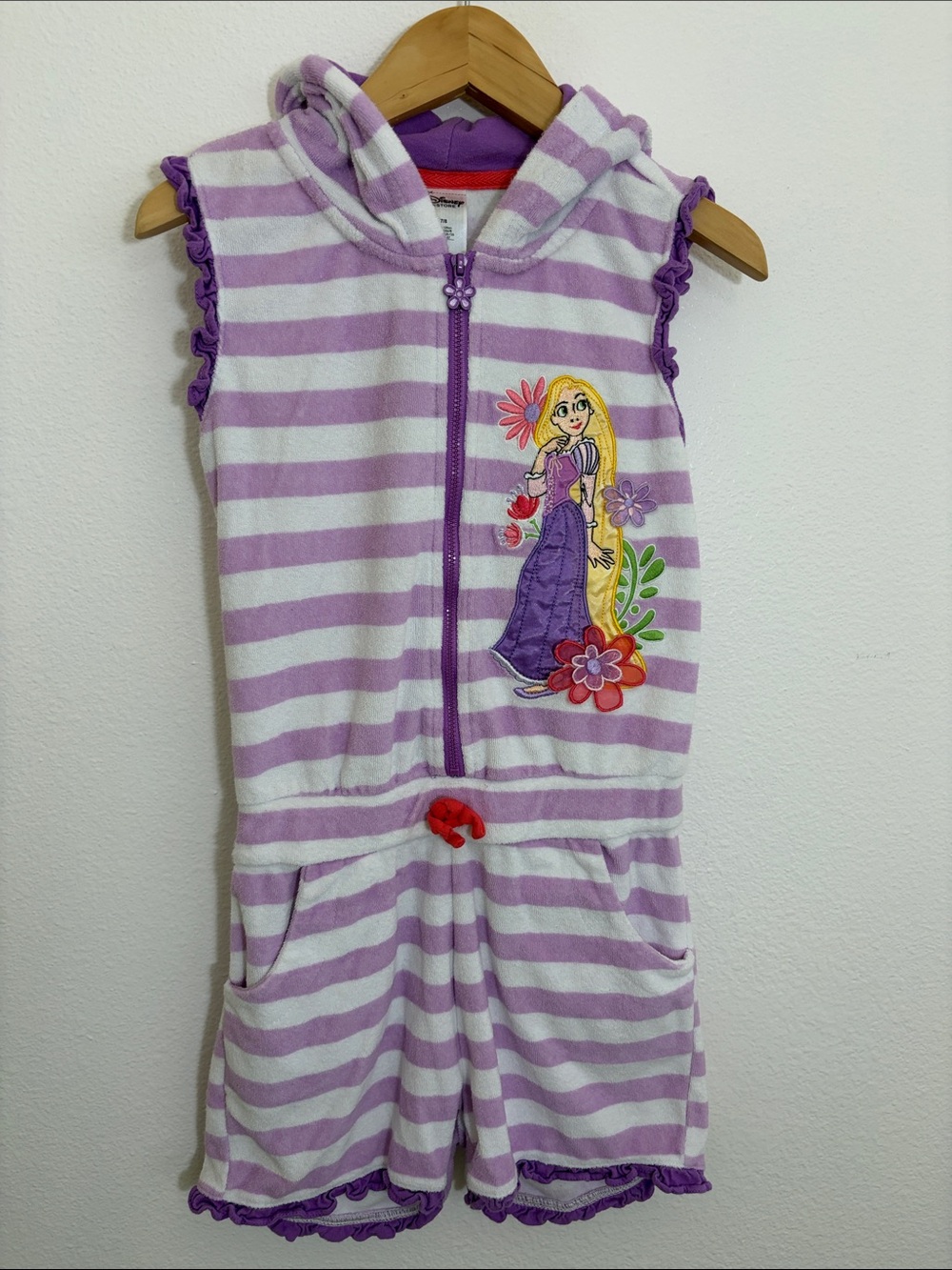 Disney Store Tangled Princess Terrycloth Purple Stripe Hooded Shortall Romper